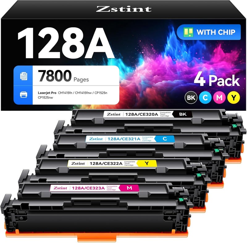 Zstint 128A Toner Cartridge 4-Pack High Yield Replacement for HP 128A CE320A CE321A CE322A CE323A Toner Cartridge Compatible with HP Laserjet Pro Color MFP CM1415fn CM1415fnw CP1525n CP1525nw Series Printer - Image 1