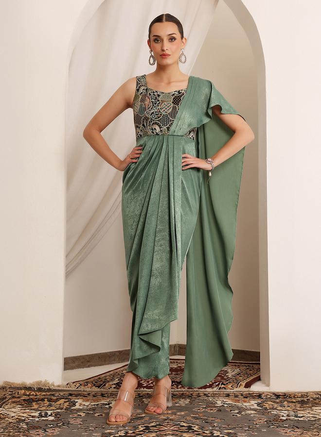 Miss Chase Green Sleeveless Cape Maxi Dress - Image 2