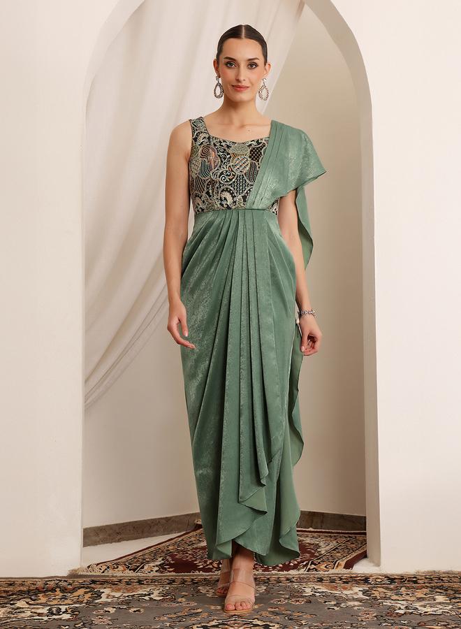 Miss Chase Green Sleeveless Cape Maxi Dress - Image 5