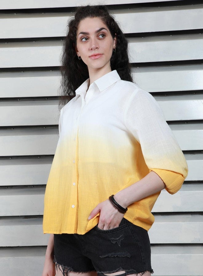 HIGH STAR Women's Yellow 100% Cotton Printed Button Down Boxy Shirt  - Image 3
