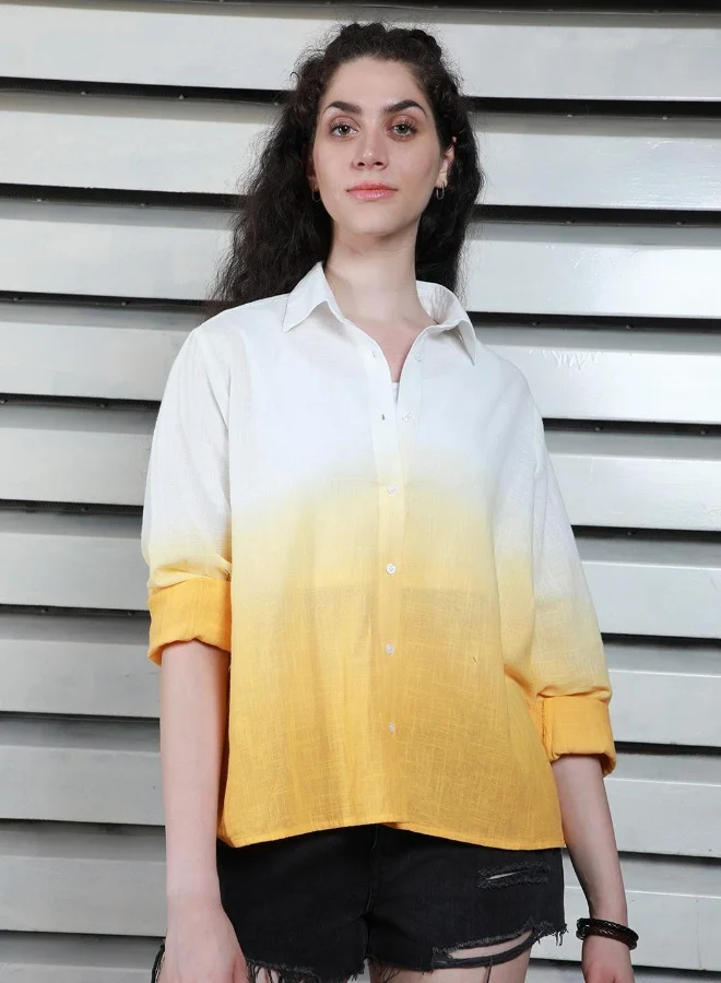 هاي ستار Women's Yellow 100% Cotton Printed Button Down Boxy Shirt