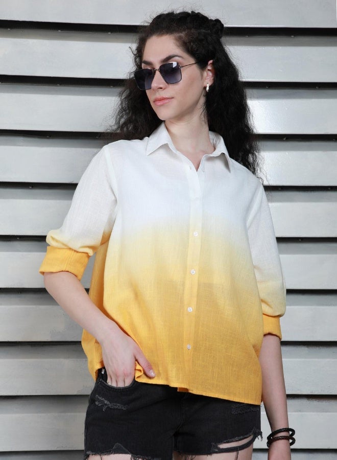 HIGH STAR Women's Yellow 100% Cotton Printed Button Down Boxy Shirt  - Image 5