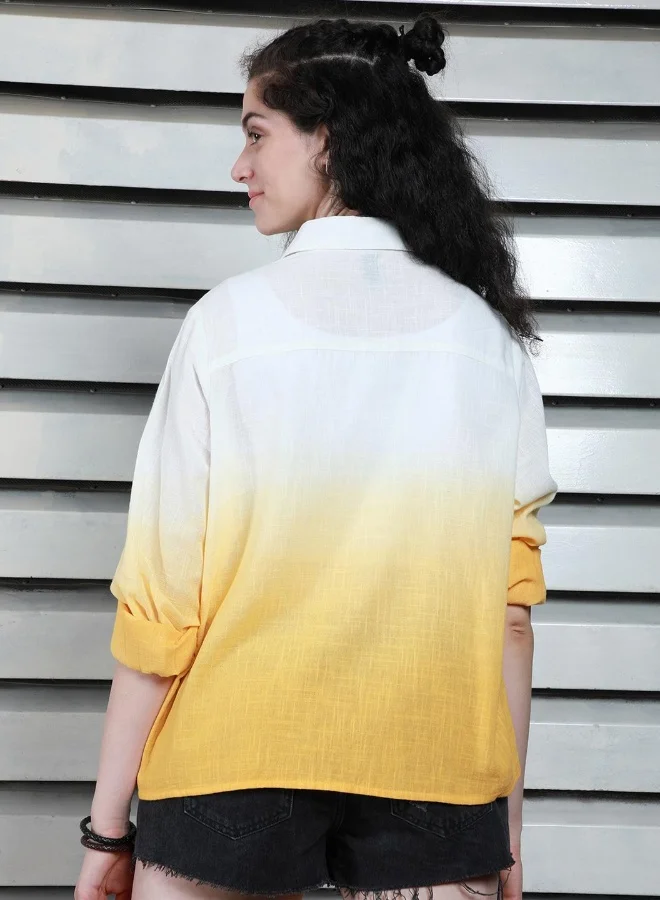 هاي ستار Women's Yellow 100% Cotton Printed Button Down Boxy Shirt