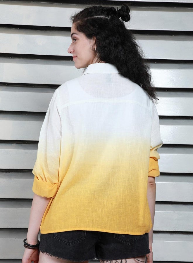 HIGH STAR Women's Yellow 100% Cotton Printed Button Down Boxy Shirt  - Image 1