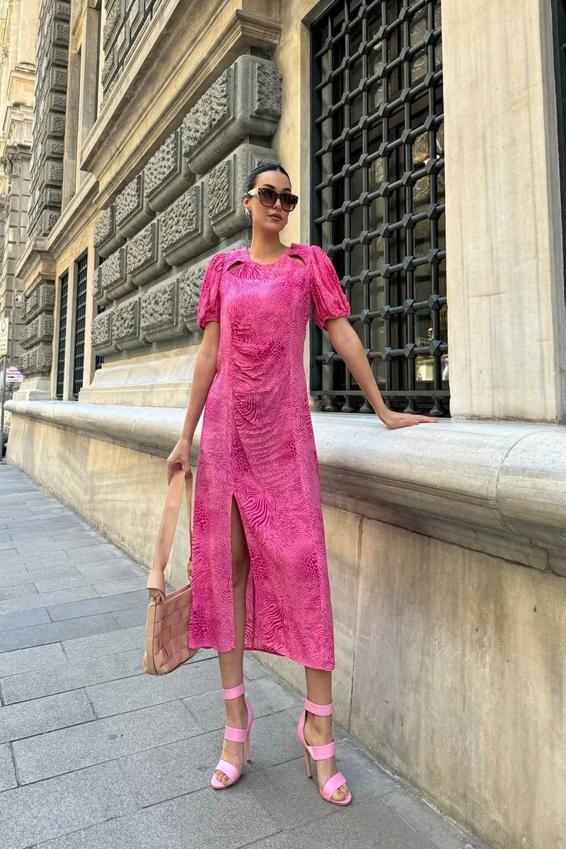 For You Moda Collar Detailed Patterned Slit Fuchsia Dress