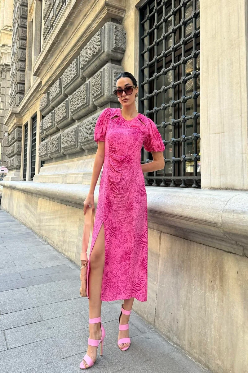 For You Moda Collar Detailed Patterned Slit Fuchsia Dress