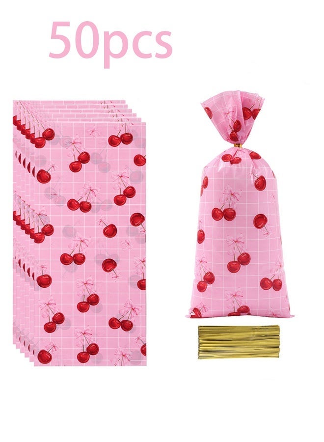 حقائب سيلوفان من 50 عبوة من Cherry bow Bow Beam وحلوى شفافة بنكهة الكرز أكياس هدايا مع ربطات عنق ملتوية للزينة هدايا حفلة استقبال مولود ومستلزمات حفلة زفاف حفلة عيد الميلاد - Image 1