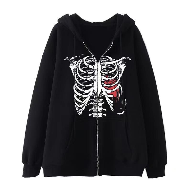 Gothic Butterfly Skull Zip Hoodie for Couples Grey 1  - Image 2