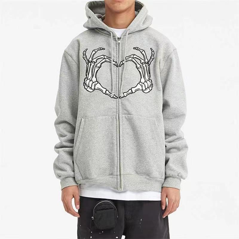Gothic Butterfly Skull Zip Hoodie for Couples Grey 1  - Image 1