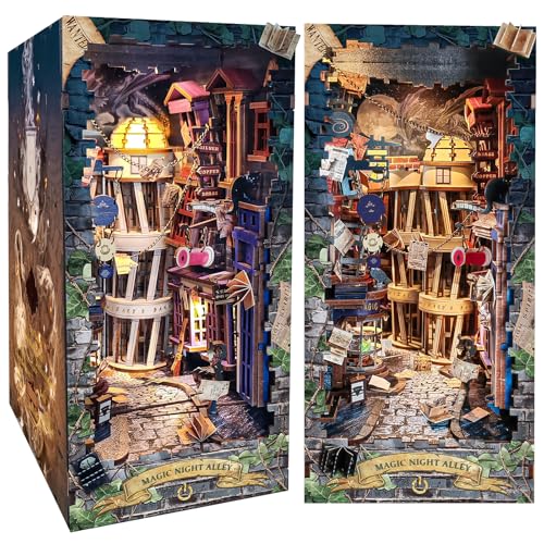 Spilay DIY Dollhouse Booknook Kit,DIY Bookshelf kit,Bookends Model Build kit,Handmade Crafts Gifts for Birthday Christmas (Magical Night Alley with LED Lights, English Manual) - Image 1