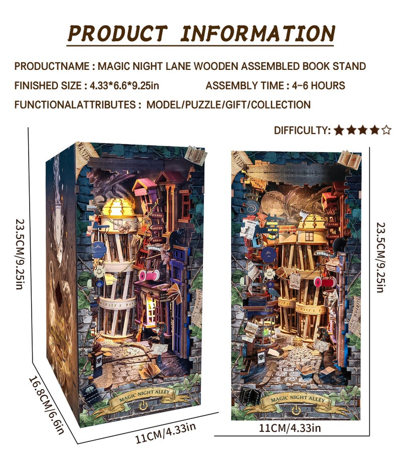 Spilay DIY Dollhouse Booknook Kit,DIY Bookshelf kit,Bookends Model Build kit,Handmade Crafts Gifts for Birthday Christmas (Magical Night Alley with LED Lights, English Manual) - Image 2