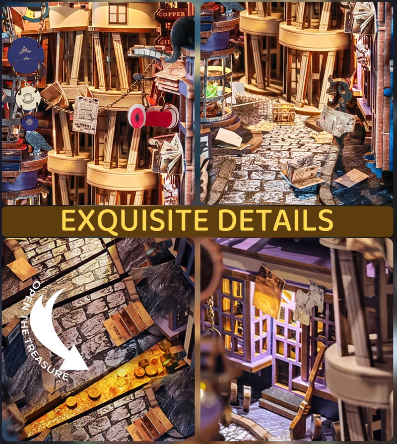 Spilay DIY Dollhouse Booknook Kit,DIY Bookshelf kit,Bookends Model Build kit,Handmade Crafts Gifts for Birthday Christmas (Magical Night Alley with LED Lights, English Manual) - Image 3