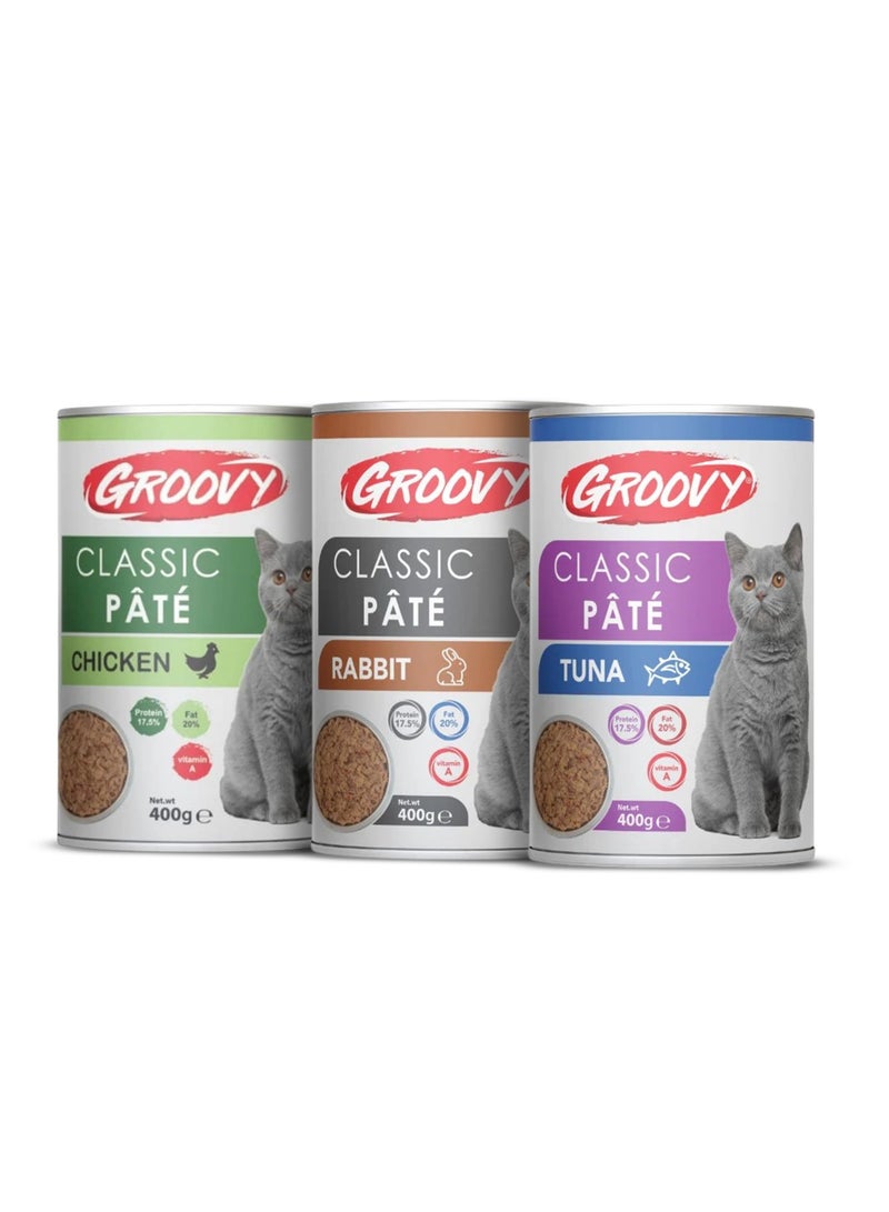 جروفي مجموعة متنوعة من جروفي مأكولات القطط الرائعة - باتيه كلاسيكي بثلاث نكهات: أرنب، دجاج، وتونة