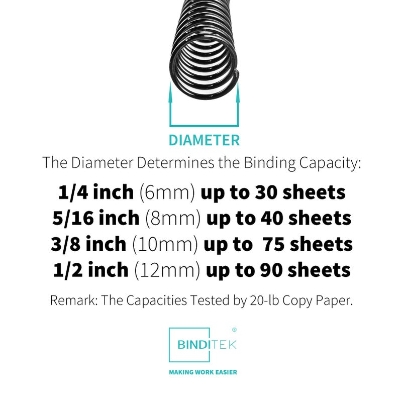 Binditek 100 Pack Plastic Spiral Binding Coils, Multi Size (6mm, 8mm, 10mm, 12mm) (1/4", 5/16", 3/8", 1/2"), 4:1 Pitch, Black, for Students and Coworkers - Image 2
