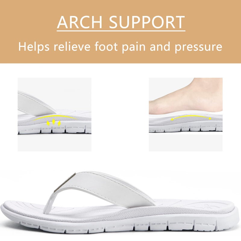 KuaiLu Casual Flip Flops for Women Comfortable Yoga Mat Arch Support Cushion Leather Slides Summer Beach Pool Outfits Flats Walking Thong Sandals Slip on Travel Essentials Orthotic Shoes White Size 10 - Image 3