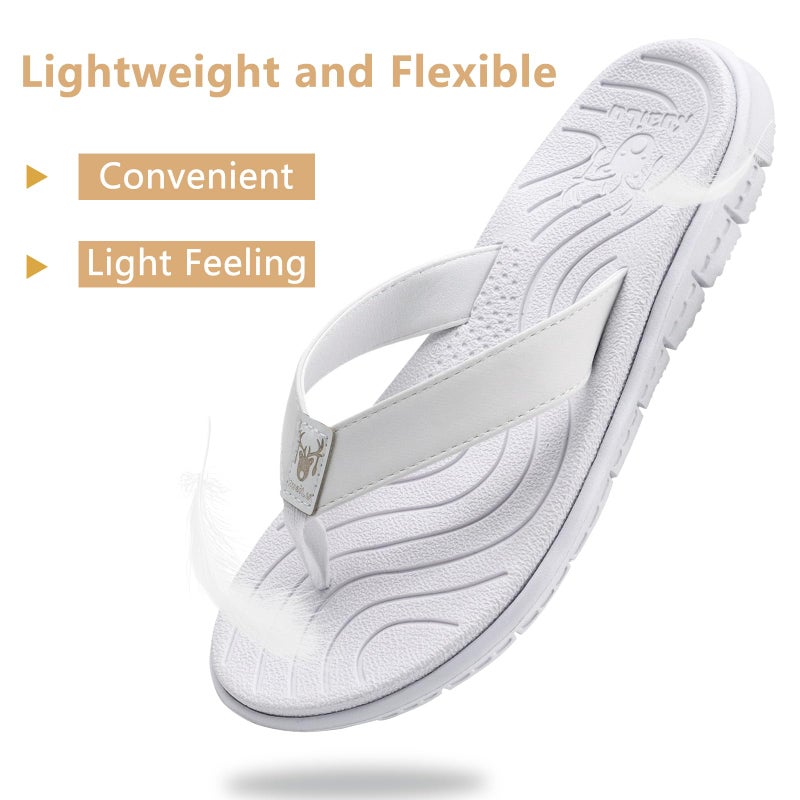 KuaiLu Casual Flip Flops for Women Comfortable Yoga Mat Arch Support Cushion Leather Slides Summer Beach Pool Outfits Flats Walking Thong Sandals Slip on Travel Essentials Orthotic Shoes White Size 10 - Image 4