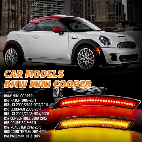 GSOWO 4 PCS Amber/Red Front Rear LED Side Marker Lights Assembly Replacement for 2007-2013/14 Mini Cooper R55 R56 R57 R58 R59 R60 R61, Smoked Lens Front Rear Bumper Marker Lamps Reflectors - Image 2