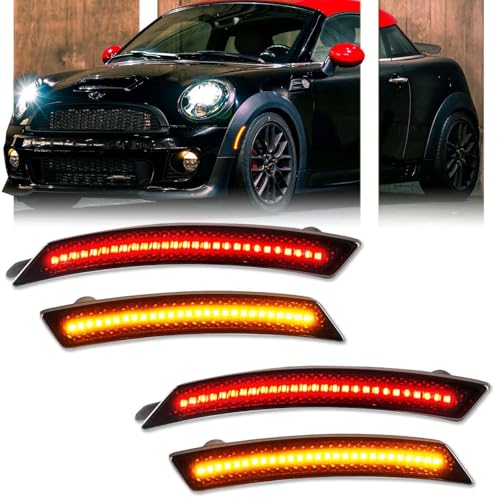 GSOWO 4 PCS Amber/Red Front Rear LED Side Marker Lights Assembly Replacement for 2007-2013/14 Mini Cooper R55 R56 R57 R58 R59 R60 R61, Smoked Lens Front Rear Bumper Marker Lamps Reflectors - Image 1