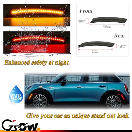 GSOWO 4 PCS Amber/Red Front Rear LED Side Marker Lights Assembly Replacement for 2007-2013/14 Mini Cooper R55 R56 R57 R58 R59 R60 R61, Smoked Lens Front Rear Bumper Marker Lamps Reflectors - Image 4