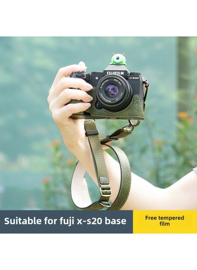 Generic - Suitable For Fuji XS20 Protective Case XT30 Second Generation Camera Bag XT5 Base XM5 Leather Case XT20/XS10 Case-Color:D: Xt30/30ii/20/10 Lychee Pattern Base [black] + V303 Shoulder Strap, Tempered Film Included (excluding Hot Shoe Cover) - Image 1