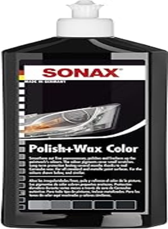 SONAX سوناكس بوليش+واكس لون أسود (500 مل) - يزيل العيوب الطفيفة، ويلمع وينعش ألوان الطلاء. | رقم الصنف 0296100-544