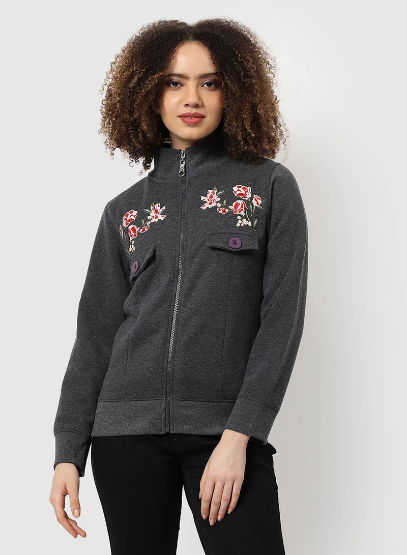 Campus Sutra Women's Dark Grey Embroidered Roses Sweatshirt With Zip Closure For Casual Wear | High Neck  | Long Sleeve | Zipper Closure | Cotton Sweatshirt Crafted With Comfort Fit For Everyday Wear