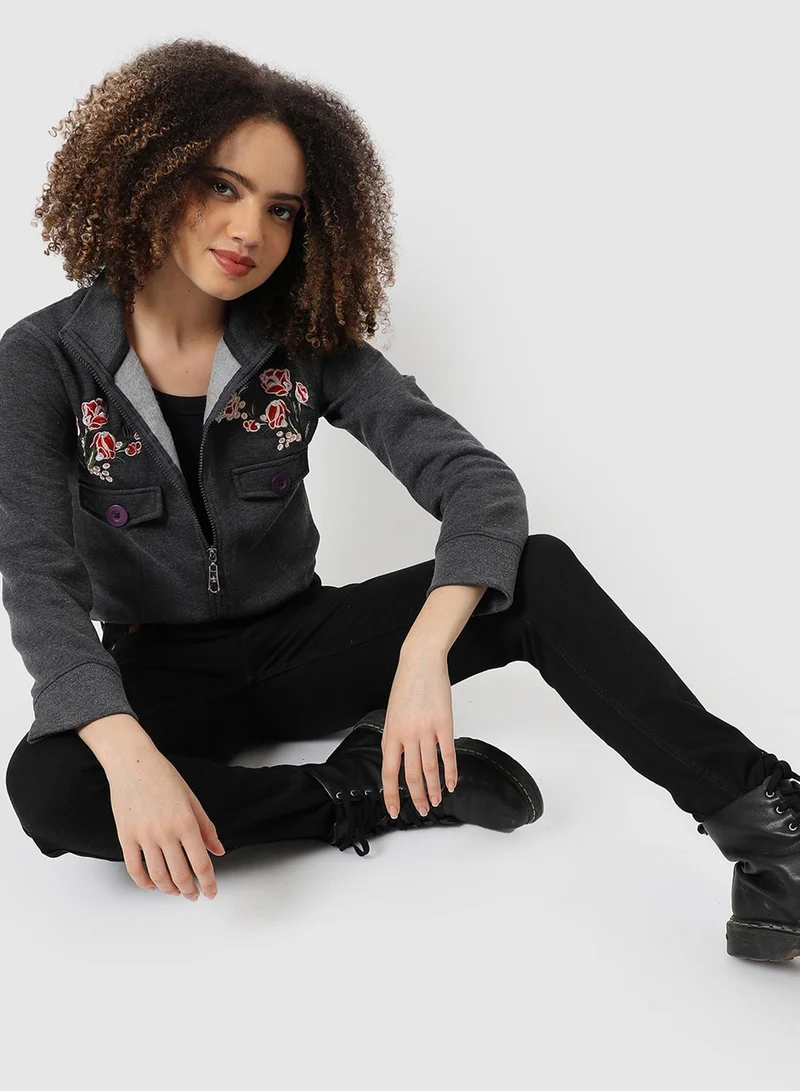 Campus Sutra Women's Dark Grey Embroidered Roses Sweatshirt With Zip Closure For Casual Wear | High Neck  | Long Sleeve | Zipper Closure | Cotton Sweatshirt Crafted With Comfort Fit For Everyday Wear