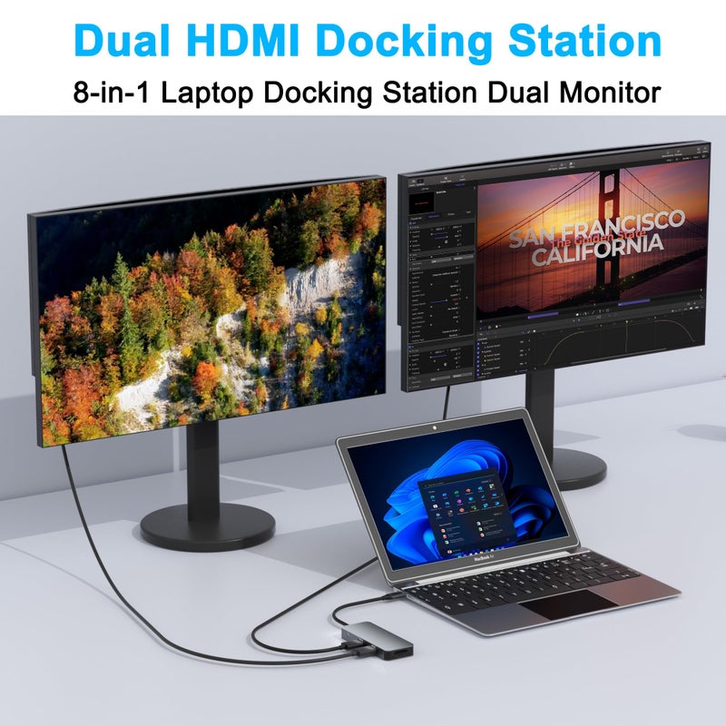Aibilangose Docking Station Dual Monitor for Dell/HP/Lenovo/Mac Laptop, USB C Laptop Docking Station Dual Monitor, Dual HDMI Adapter for 2 Monitors, 8 in 1 USB C Hub Multiport Adapter with HDMI/USB/PD/SD/TF - Image 3