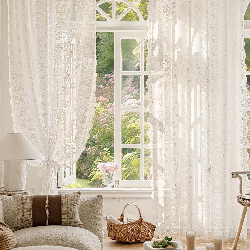 Anmao Vintage Lace Curtains 84 Inches Long 2 Panels Set, Romantic Elegant Light Filtering Semi Sheer Floral Thick Lacy Curtain Drapes for Living Room and Bedroom, Each Panel 55W x 84L, Beige Plum - Image 2