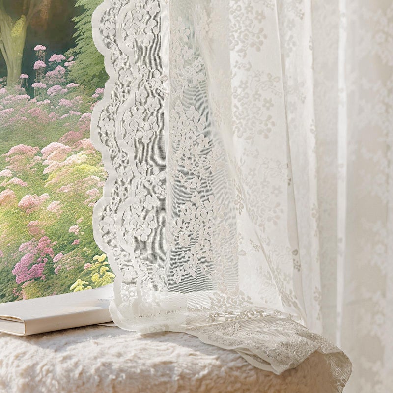 Anmao Vintage Lace Curtains 84 Inches Long 2 Panels Set, Romantic Elegant Light Filtering Semi Sheer Floral Thick Lacy Curtain Drapes for Living Room and Bedroom, Each Panel 55W x 84L, Beige Plum - Image 1