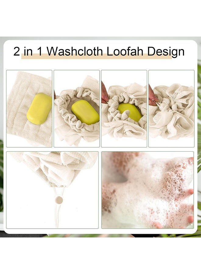 1 Pcs Washcloth Loofah Combo, 2 in 1 Bath Loofah Sponge with Drawstring, Exfoliation Mesh Shower Puff Ball for Body Wash Cleansing and Smooth Skin (Beige) - Image 2