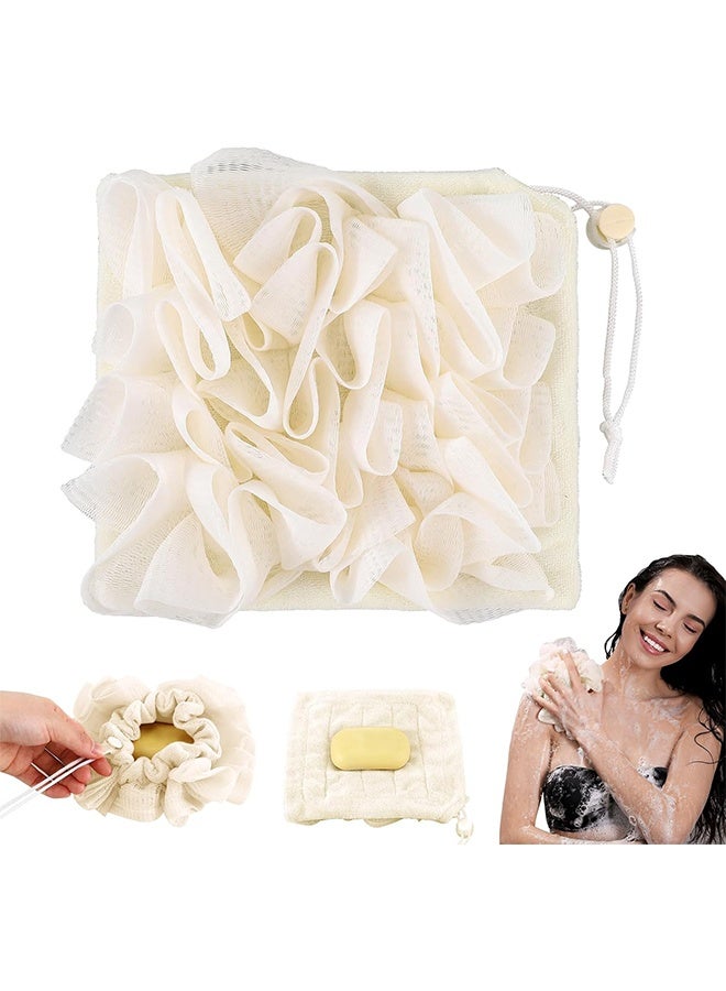 1 Pcs Washcloth Loofah Combo, 2 in 1 Bath Loofah Sponge with Drawstring, Exfoliation Mesh Shower Puff Ball for Body Wash Cleansing and Smooth Skin (Beige) - Image 1