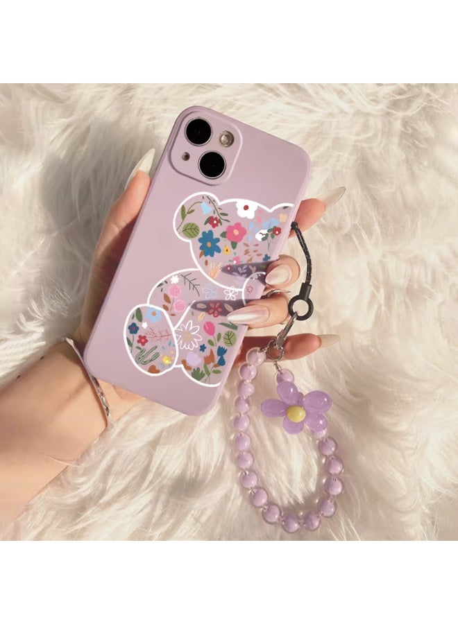 Temu Purple teddy bear phone case with colorful flowers, featuring a beaded chain, shockproof and scratch-resistant, compatible with iPhone 14 Plus. - Image 1