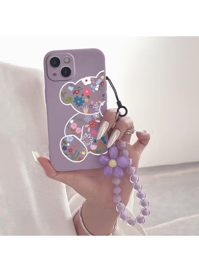 Temu Purple teddy bear phone case with colorful flowers, featuring a beaded chain, shockproof and scratch-resistant, compatible with iPhone 14 Plus. - Image 2
