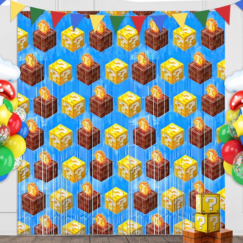 Bexlora Super Adventure Video Game Party Backdrop, 2 Pcs 3.3 x 6.6 Ft Question Boxes Foil Fringe Curtains Shiny Photo Booth Streamers for Bros Gamer Birthday Party Decorations - Image 1