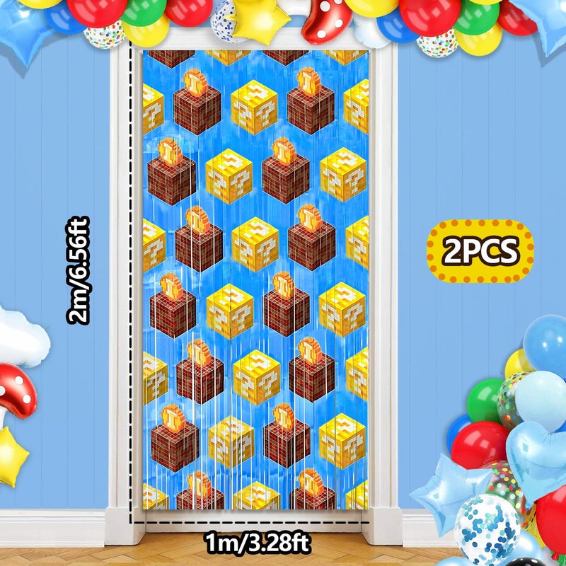 Bexlora Super Adventure Video Game Party Backdrop, 2 Pcs 3.3 x 6.6 Ft Question Boxes Foil Fringe Curtains Shiny Photo Booth Streamers for Bros Gamer Birthday Party Decorations - Image 4