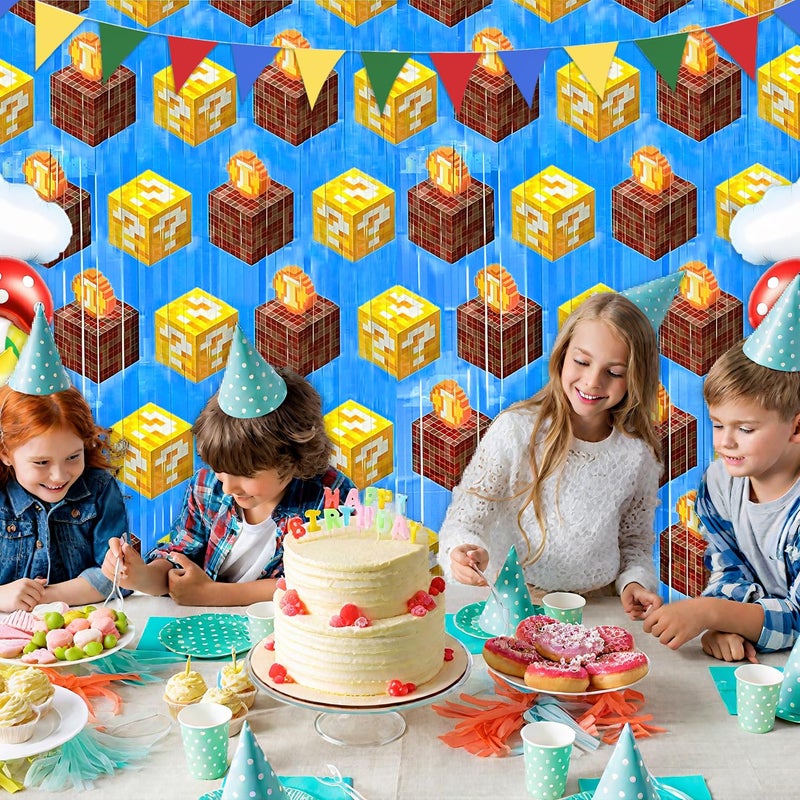 Bexlora Super Adventure Video Game Party Backdrop, 2 Pcs 3.3 x 6.6 Ft Question Boxes Foil Fringe Curtains Shiny Photo Booth Streamers for Bros Gamer Birthday Party Decorations - Image 3