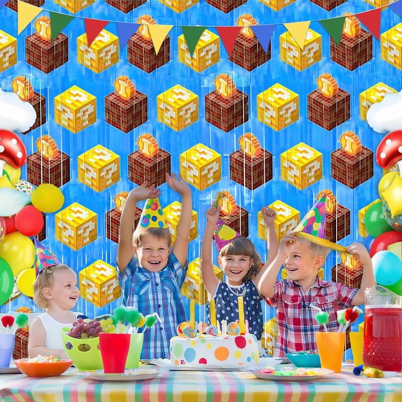 Bexlora Super Adventure Video Game Party Backdrop, 2 Pcs 3.3 x 6.6 Ft Question Boxes Foil Fringe Curtains Shiny Photo Booth Streamers for Bros Gamer Birthday Party Decorations - Image 5