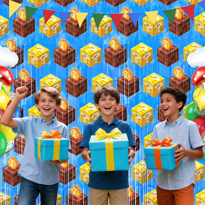 Bexlora Super Adventure Video Game Party Backdrop, 2 Pcs 3.3 x 6.6 Ft Question Boxes Foil Fringe Curtains Shiny Photo Booth Streamers for Bros Gamer Birthday Party Decorations - Image 2