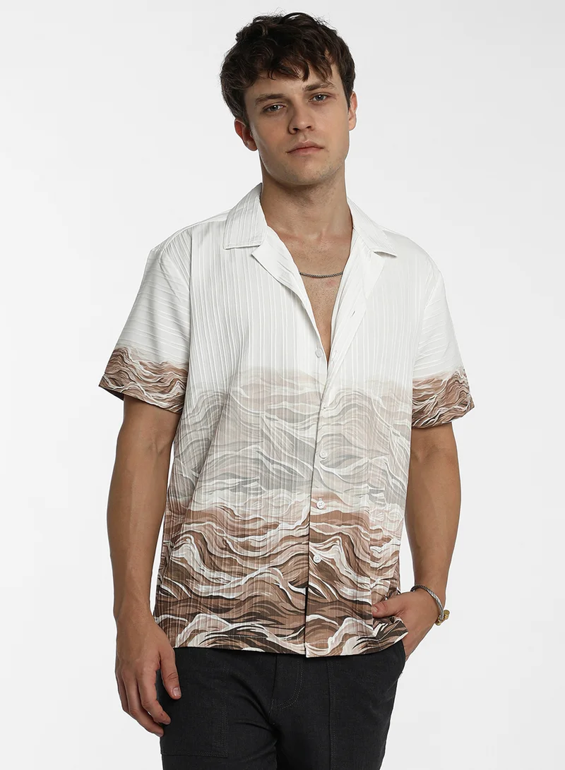 كامبوس سوترا Men's Ivory White & Tan Brown Desert Ombre Shirt For Casual Wear | Cuban Collar | Short Sleeve | Button Closure | Shirt Crafted With Comfort Fit For Everyday Wear