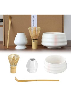 Arabest Tea Dispensing 4-Piece Set,Eco-Friendly Bamboo,Teaspoon/Matcha Spatula/Matcha Bowl/Whisk Holder for Brewing Traditional Chinese Tea(Pink and White Porcelain)  - Image 1