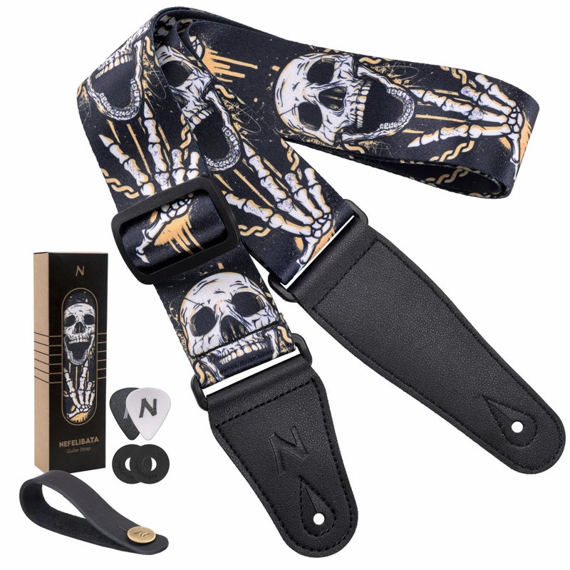 Nefelibata Guitar Strap-2" Wide Double Layer Cotton Original Design Adjustable Guitar Straps with Long Leather Ends for Bass, Electric & Acoustic, Best Gifts for Kids,Guitarists(Rock Skull) - Image 1