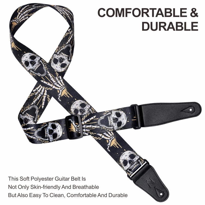 Nefelibata Guitar Strap-2" Wide Double Layer Cotton Original Design Adjustable Guitar Straps with Long Leather Ends for Bass, Electric & Acoustic, Best Gifts for Kids,Guitarists(Rock Skull) - Image 3