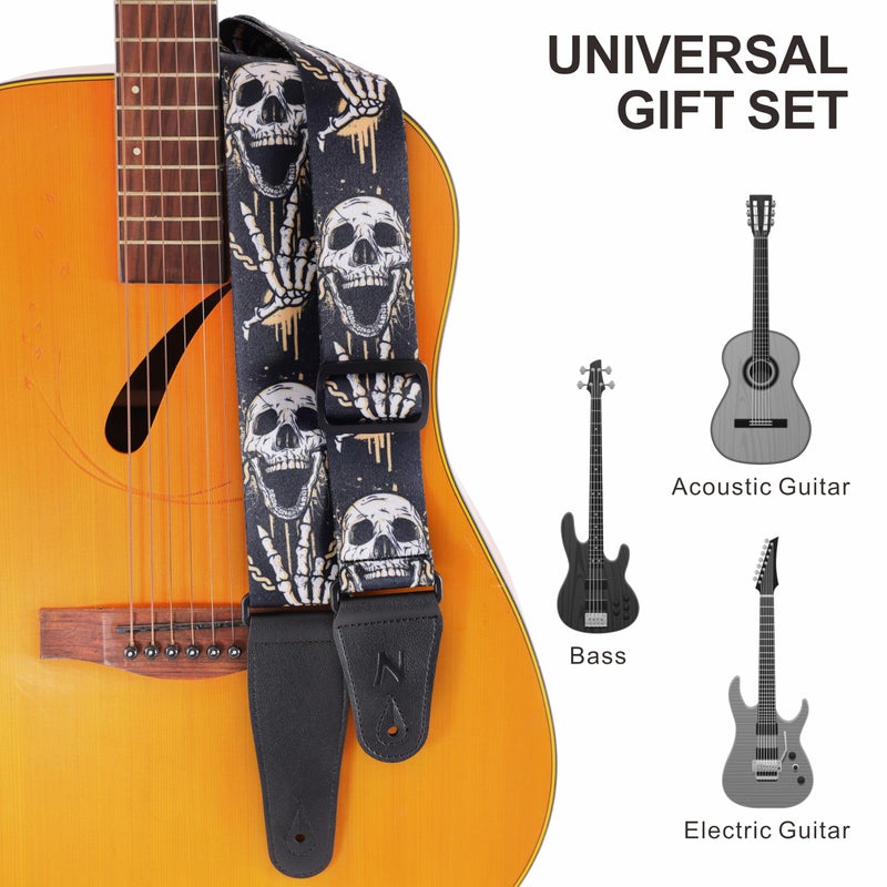 Nefelibata Guitar Strap-2" Wide Double Layer Cotton Original Design Adjustable Guitar Straps with Long Leather Ends for Bass, Electric & Acoustic, Best Gifts for Kids,Guitarists(Rock Skull) - Image 5