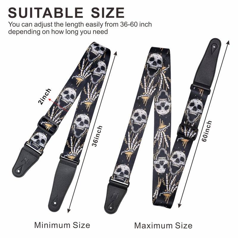 Nefelibata Guitar Strap-2" Wide Double Layer Cotton Original Design Adjustable Guitar Straps with Long Leather Ends for Bass, Electric & Acoustic, Best Gifts for Kids,Guitarists(Rock Skull) - Image 4
