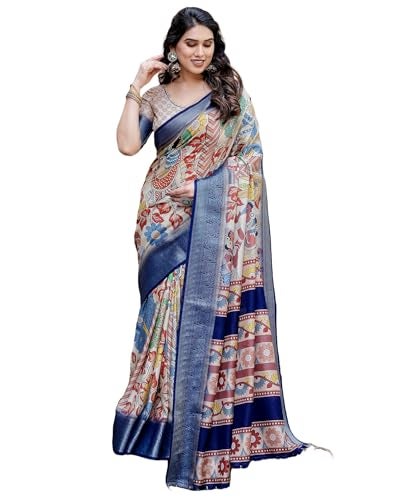 SIRIL Women's Tussar Silk Kalamkari Printed Saree With Unstitched Blouse Piece (4298S302_Off White & Blue) - Image 1