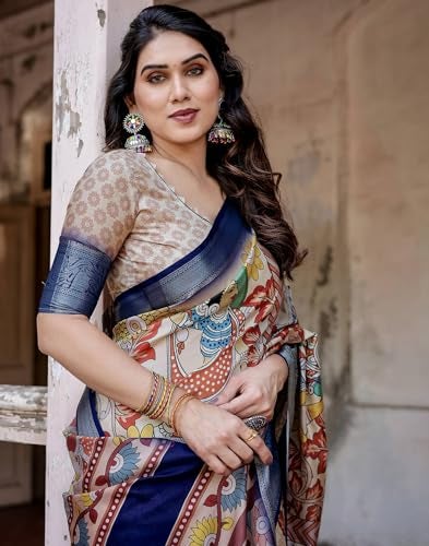 SIRIL Women's Tussar Silk Kalamkari Printed Saree With Unstitched Blouse Piece (4298S302_Off White & Blue) - Image 4
