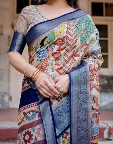 SIRIL Women's Tussar Silk Kalamkari Printed Saree With Unstitched Blouse Piece (4298S302_Off White & Blue) - Image 5
