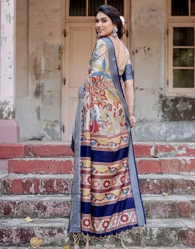 SIRIL Women's Tussar Silk Kalamkari Printed Saree With Unstitched Blouse Piece (4298S302_Off White & Blue) - Image 2