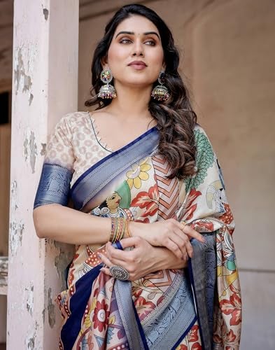 SIRIL Women's Tussar Silk Kalamkari Printed Saree With Unstitched Blouse Piece (4298S302_Off White & Blue) - Image 3